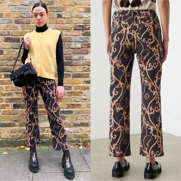 GANNI 90s Baroque Logo Print Denim‎ High Rise Cropped Bootcut Flare Leg Jeans 26